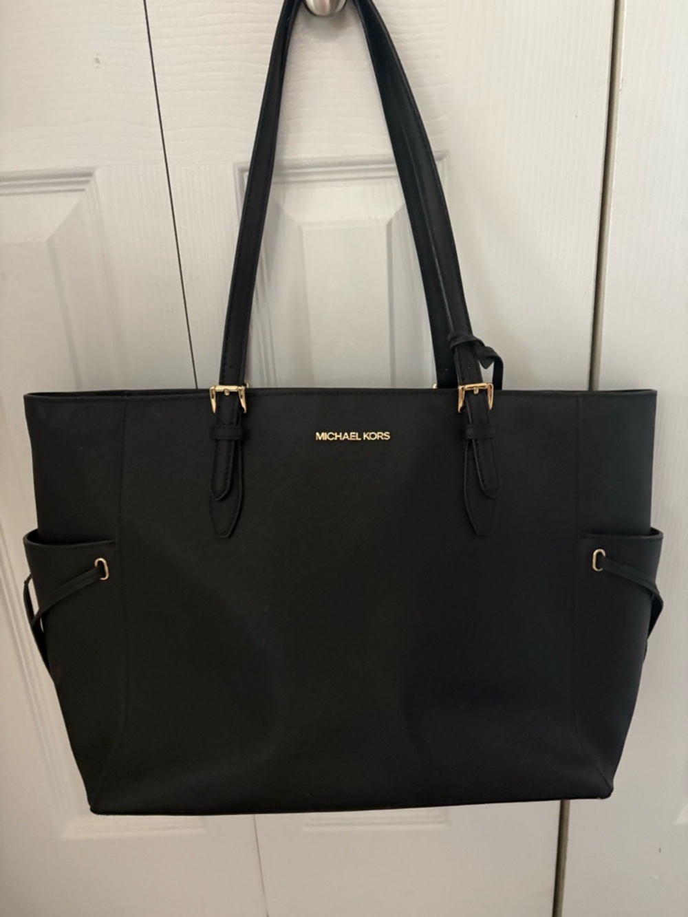 Michael Kors Black Leather Double-Handle Tote with Gold Hardware